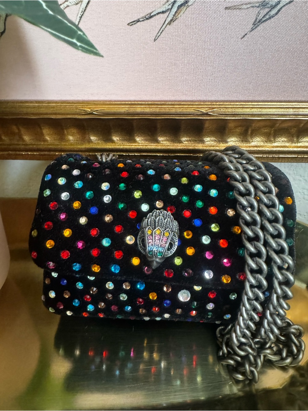 Kurt Geiger Rainbow Crystal nano Kensington Crossbody Velvet Bag